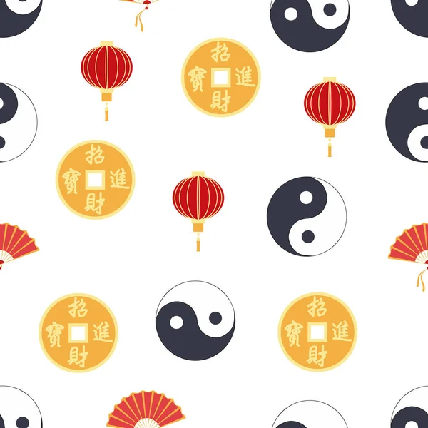 Motif Chinois Sans Couture Avec Feng Shui Pièce Chinoise Avec — Image vectorielle