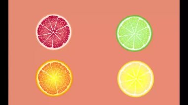 Meyve çemberleri döner, görünür ve kaybolur, suya düşer. Turuncu, kırmızı, sarı, yeşil meyve.