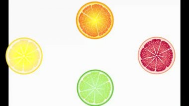 Meyve çemberleri döner, görünür ve kaybolur, suya düşer. Turuncu, kırmızı, sarı, yeşil meyve.