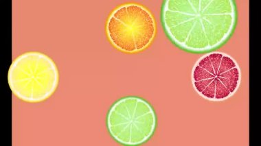 Meyve çemberleri döner, görünür ve kaybolur, suya düşer. Turuncu, kırmızı, sarı, yeşil meyve.