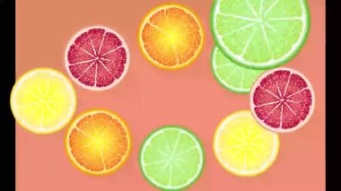 Meyve çemberleri döner, görünür ve kaybolur, suya düşer. Turuncu, kırmızı, sarı, yeşil meyve.