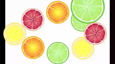 Meyve çemberleri döner, görünür ve kaybolur, suya düşer. Turuncu, kırmızı, sarı, yeşil meyve.