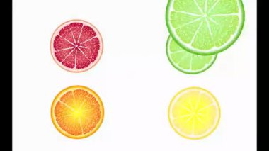 Meyve çemberleri döner, görünür ve kaybolur, suya düşer. Turuncu, kırmızı, sarı, yeşil meyve.