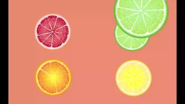 Meyve çemberleri döner, görünür ve kaybolur, suya düşer. Turuncu, kırmızı, sarı, yeşil meyve.