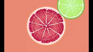 Meyve çemberleri döner, görünür ve kaybolur, suya düşer. Turuncu, kırmızı, sarı, yeşil meyve.