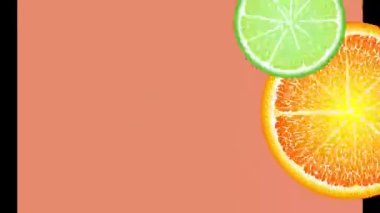 Meyve çemberleri döner, görünür ve kaybolur, suya düşer. Turuncu, kırmızı, sarı, yeşil meyve.