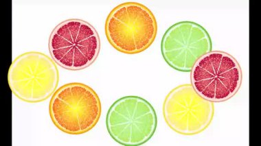 Meyve çemberleri döner, görünür ve kaybolur, suya düşer. Turuncu, kırmızı, sarı, yeşil meyve.