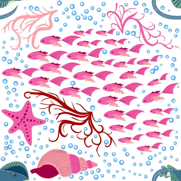 黄褐色 巴图尼海洋生物 动物明亮无缝图案 与动物 热带鱼一起潜水的海上旅行 — 图库矢量图片