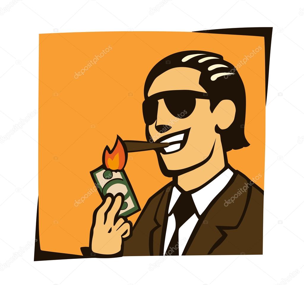 Businessman lights a cigar with dollar