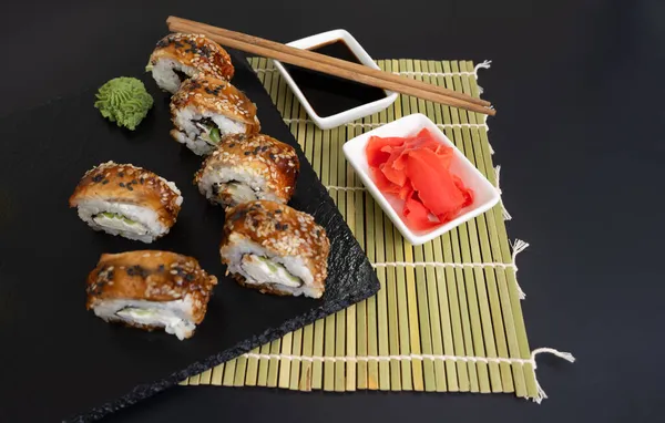 Sushi Selection Black Slate Black Food Border Background — Stock Photo, Image