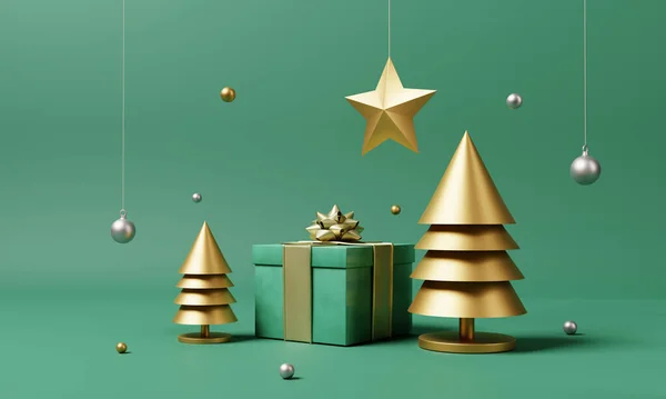 Vánoční Dekorace Ozdoba Zlatým Vánoční Strom Sněhová Vločka Izolovaném Zeleném — Stock fotografie