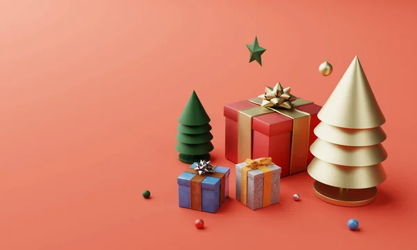 Kerstset Decoratie Ornament Met Gouden Kerstboom Kleurrijke Geschenkdoos Sneeuwvlok Rode — Stockfoto