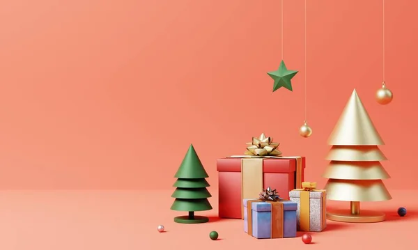 Weihnachtsset Dekoration Und Schmuck Mit Goldenem Weihnachtsbaum Bunte Geschenkschachtel Und — Stockfoto
