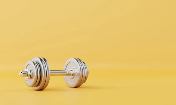 Una Mancuerna Sobre Fondo Amarillo Aislado Accesorios Fitness Concepto Objeto — Foto de Stock