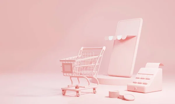 ピンクのパステルを背景にコピースペースとオンラインショッピングや配信のコンセプト ビジネスと配信電子商取引ストア 3Dイラストレンダリング — ストック写真