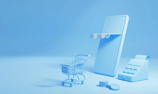 青い背景にコピースペースとオンラインショッピングと配信のコンセプト ビジネスと配信電子商取引ストア 3Dイラストレンダリング — ストック写真