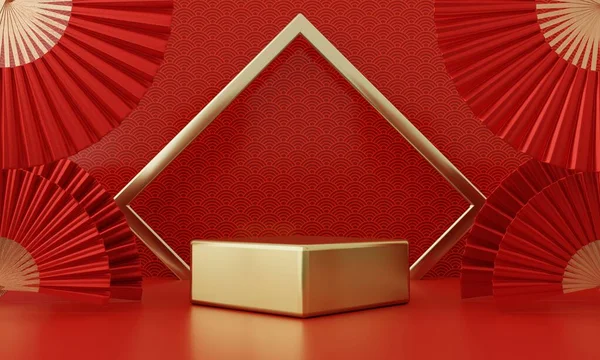 Chinese New Year Red Modern Style Podium Product Showcase Golden — 스톡 사진