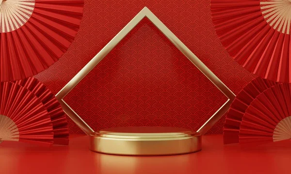 Chinese New Year Red Modern Style One Podium Product Showcase — Stock Photo, Image