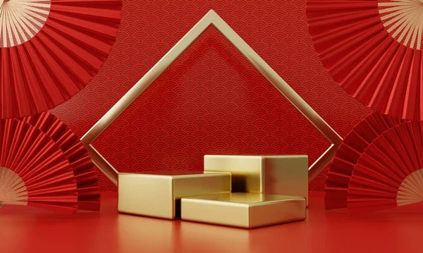 Kinesiska Nyår Röd Modern Stil Tre Pallplats Produkt Skyltfönster Med — Stockfoto
