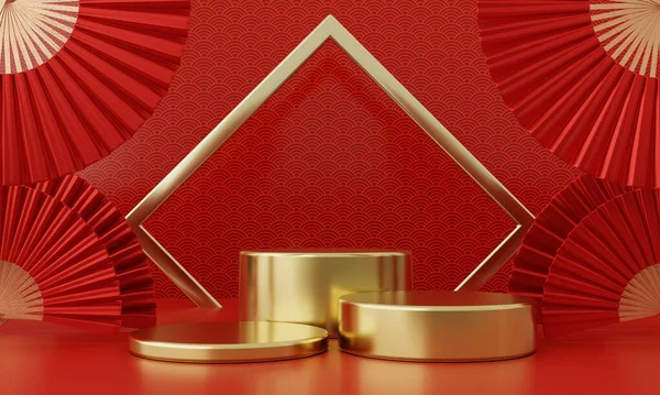 Chinese New Year Red Modern Style Three Podium Product Showcase — Stock Photo, Image