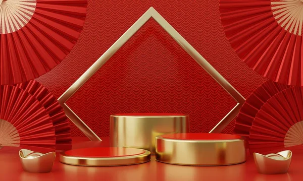 Chinese New Year Red Modern Style Three Podium Product Showcase — Stock Photo, Image