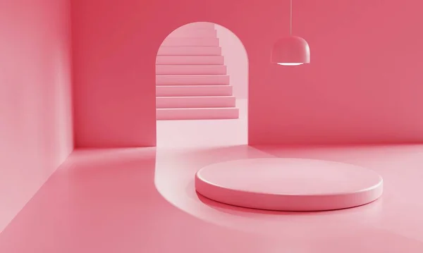 Рожева Порожня Кімната Подіумом Реклами Мінімальному Тлі Концепція Презентації Архітектури — стокове фото