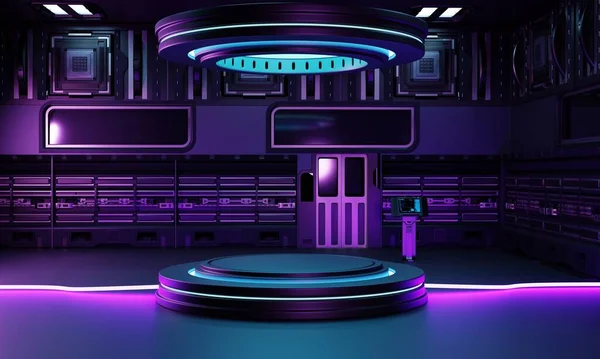 Belül Űrhajó Laboratóriumi Belső Építészet Üres Pódium Cyberpunk Termék Bemutatására — Stock Fotó