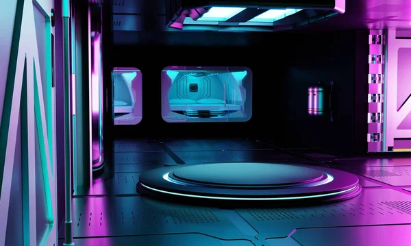 Belül Űrhajó Laboratóriumi Belső Építészet Üres Pódium Cyberpunk Termék Bemutatására — Stock Fotó
