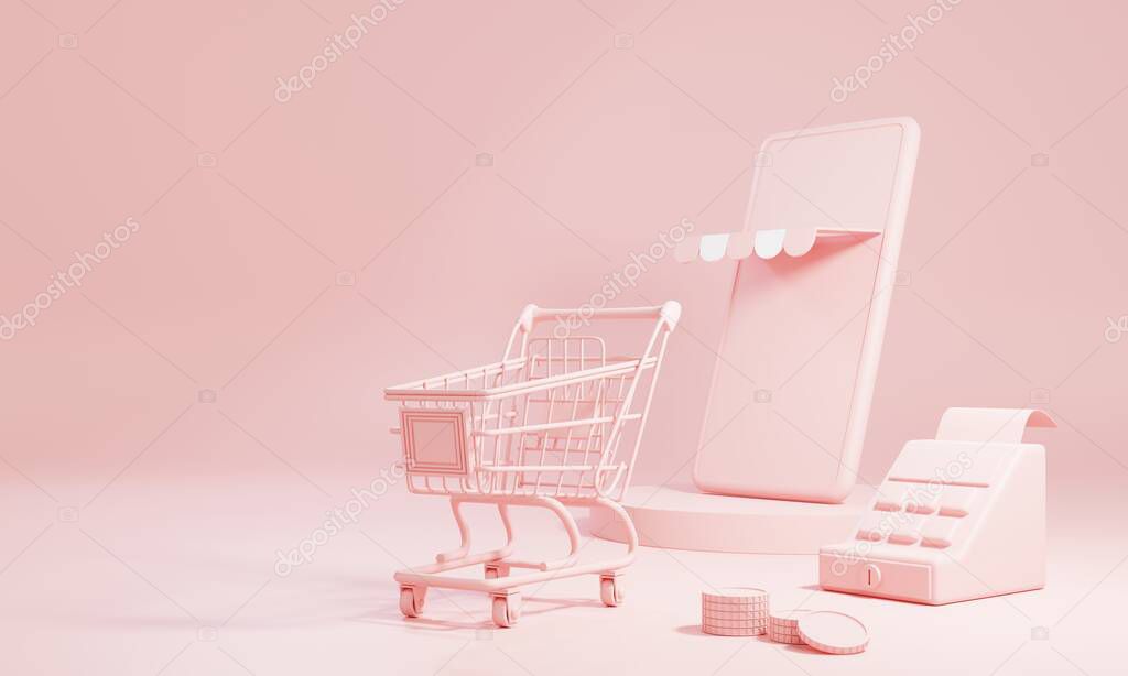 Online shopping and delivery concept with copy space on pink pastel background. Business and delivery E-commerce store. 3D illustration rendering