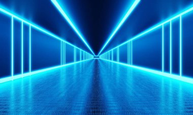 Sonsuz geçidi ve mavi neon ışıklı arka planı olan boş bir oda. Soyut ve teknoloji kavramı. 3B illüstrasyon oluşturma