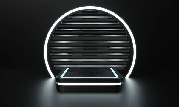 Produk Modern Menampilkan Podium Sci Dengan Latar Belakang Neon Cahaya — Stok Foto