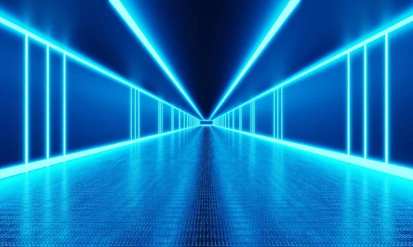 無限の通路と青いネオンライトの背景を持つ空の部屋 抽象と技術の概念 3Dイラストレンダリング — ストック写真