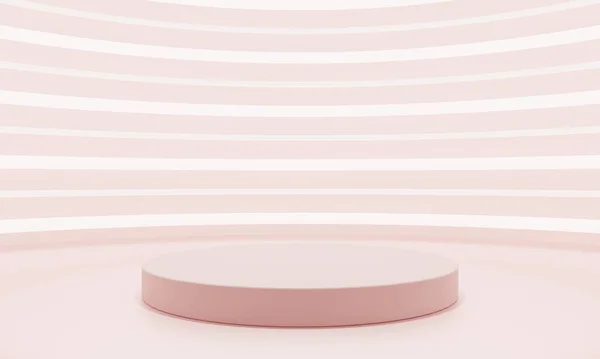 ホワイトとピンクのネオンの背景を持つミニマルなスタイルの曲線ピンクの製品の表彰台ショーケース テクノロジーとオブジェクトの概念 3Dイラストレンダリング — ストック写真