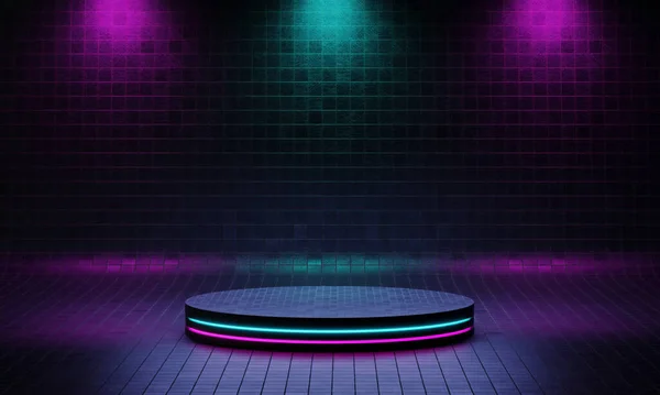 青と紫のスポットライトとグランジスタイルのテクスチャの背景とCyberpunk製品の表彰台プラットフォームスタジオ レトロな舞台と未来派のシーンコンセプト 3Dイラストレンダリンググラフィック — ストック写真