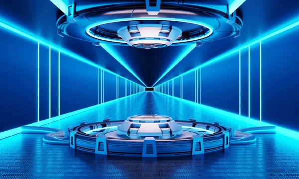 白と青の背景を持つ宇宙船でSci Fi製品表彰台ショーケース 宇宙技術と物体の概念 3Dイラストレンダリング — ストック写真