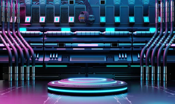 赛博朋克科幻产品平台展示在蓝色和粉色背景的宇宙飞船基地 技术和对象概念 3D插图渲染 — 图库照片