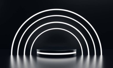 Beyaz ışıklı neon çerçeve arka planına sahip modern, yuvarlak ürün sergilenen bilim kurgu podyumu. Teknoloji ve nesne kavramı. 3B illüstrasyon oluşturma