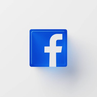 Chonburi, Tayland - 15 Nisan 2021: İzole edilmiş beyaz arka planda yakın plan Facebook logosu. Facebook, dünyanın en büyük sosyal medya sitesi, sığ alan derinliği. 3B illüstrasyon oluşturma