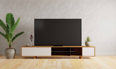 Televizyon, modern oturma odası arka planının ortasındaki dolapta. İç mimari konsepti. 3B illüstrasyon oluşturma