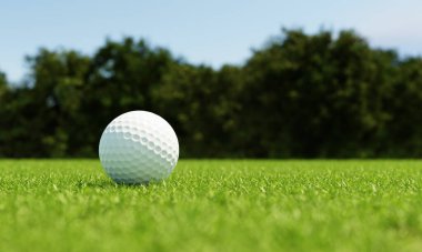 Yeşil arka planda çimlerin üzerinde golf topu. Spor ve atletik konsept. 3B illüstrasyon oluşturma