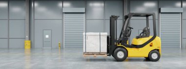 Depodaki forklift kamyonu arka planda kopyalama alanı olan karton palet kutusunu taşıyor ve yüklüyor. Endüstriyel makine ve iş ulaşım konsepti. 3B illüstrasyon oluşturma
