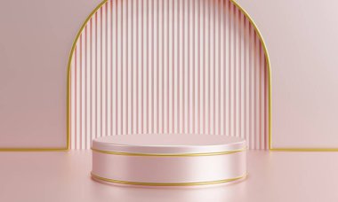 Ürün tanıtım şablonu için Asya tarzında pembe podyum. Nesne ve soyut kavram. 3B illüstrasyon oluşturma