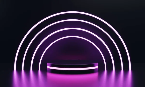 现代圆形产品展示科幻讲台与粉色发光霓虹灯戒指框背景 技术和对象概念 3D插图渲染 — 图库照片