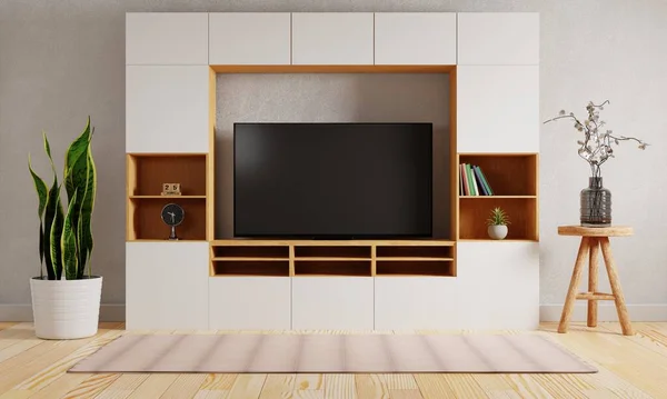 現代のリビングルームの背景の真ん中に食器棚のテレビ インテリアと建築のコンセプト 3Dイラストレンダリング — ストック写真