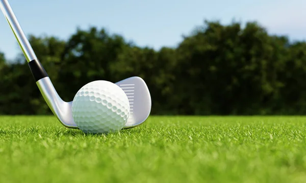 Golf ball and golf club with fairway green background. Sport and athletic concept. 3D illustration rendering