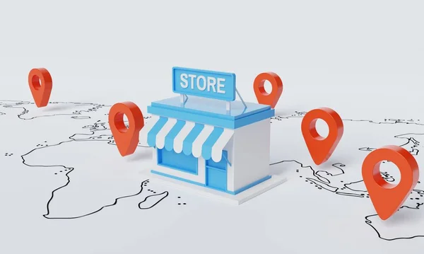 Store Shop Location Pin Franchising Famous Branding White Map Background — ストック写真