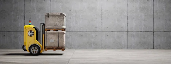 Driverless Car Forklift Robot Lifting Moving Pallets Cardboard Box Storage — Stock Photo, Image