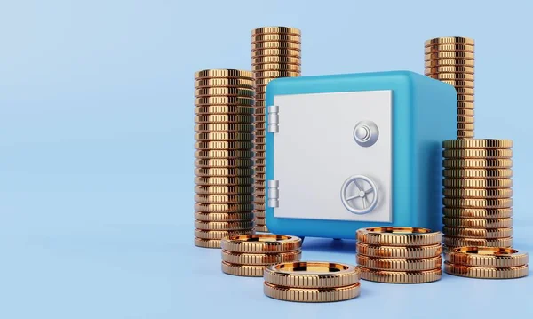 保险盒 蓝色底色的金币 经济和货币储蓄安全概念 3D图解概念 — 图库照片
