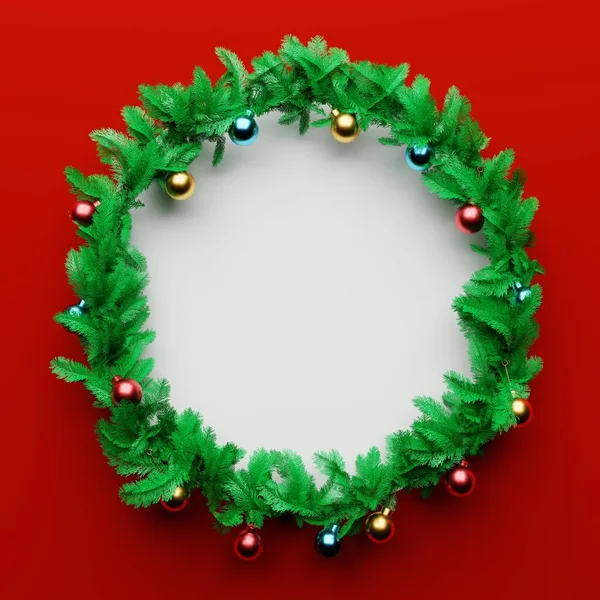 Weihnachtsgirlanden Kiefernschmuck Mit Leerraum Der Mitte Auf Rotem Und Weißem — Stockfoto