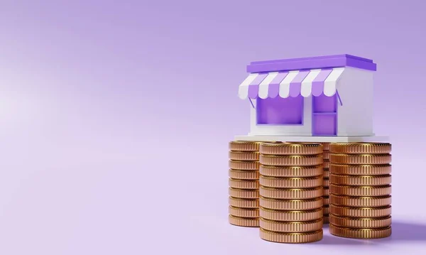 Supermarket Store Stacking Golden Coins Purple Background Financial Economic Concept — Stock Photo, Image